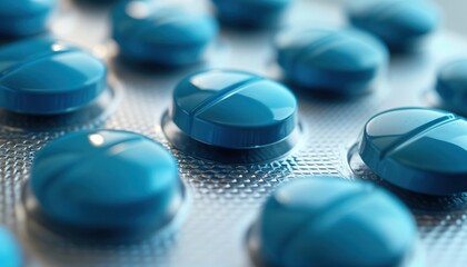 Closeup view of round blue pills in a blister pack. Silver blister pack with textured surface holds many pills. Medicine packaging details are visible. Medical product, health care concept.