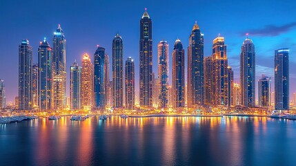 Dubai Marina twilight cityscape, waterfront reflection, yachts, luxury