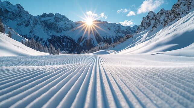 Snow-covered mountain valley at sunrise with freshly groomed ski slopes in the Alps