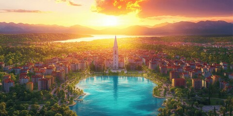 Fototapeta premium Breathtaking Sunset over Vibrant Cityscape with Majestic Cathedral by Tranquil Lake and Lush Green Forests â€“ Perfect for Travel Enthusiasts and Nature Lovers