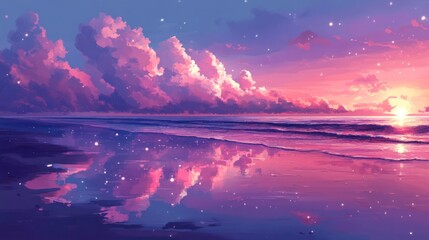 Beautiful sunset reflection over ocean waves seaside digital art serene environment ecommerce shopping basket concept