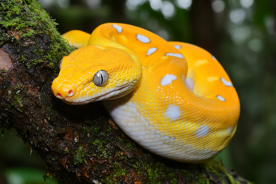 yellow snake on a tree in the forest