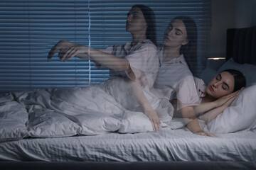 Young woman suffering from sleepwalking at home, multiple exposure