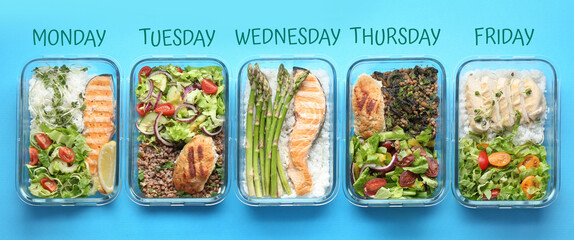 Different healthy meals in containers organized by days of week on light blue background, top view. Daily ration