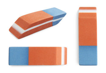 Eraser isolated on white, collage. Different sides