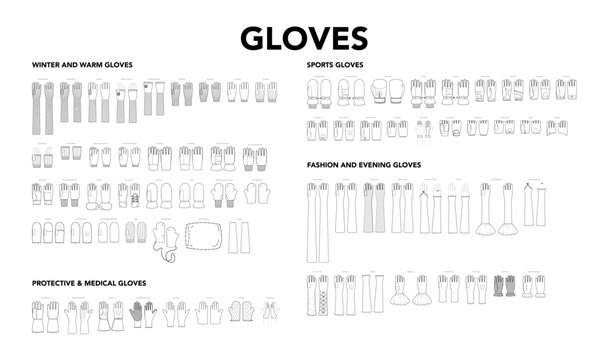 Set of Gloves - Evening Winter Warm Sports and Protective Medical Fashion with names hand accessory clothing technical illustration garment. Vector flat template cartoon isolated on white background