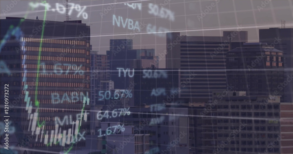 Poster image of diagrams and data processing over cityscape