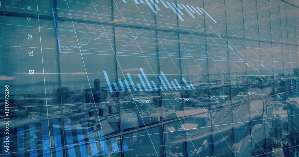 Poster image of diagrams and data processing over cityscape