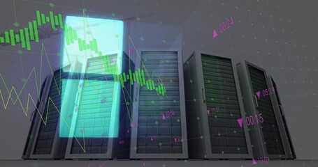 Image of data processing and diagrams over servers