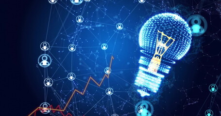 Image of network of connections with icons over lightbulb and diagrams