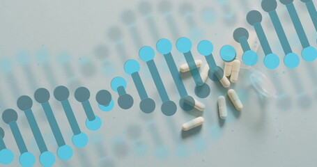 Image of blue dna strand over pills on grey background