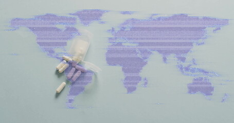Image of tablets and processing data over purple world map on grey background
