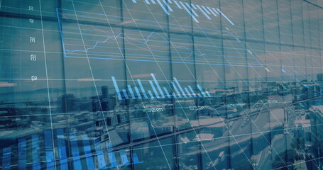 Image of diagrams and data processing over cityscape