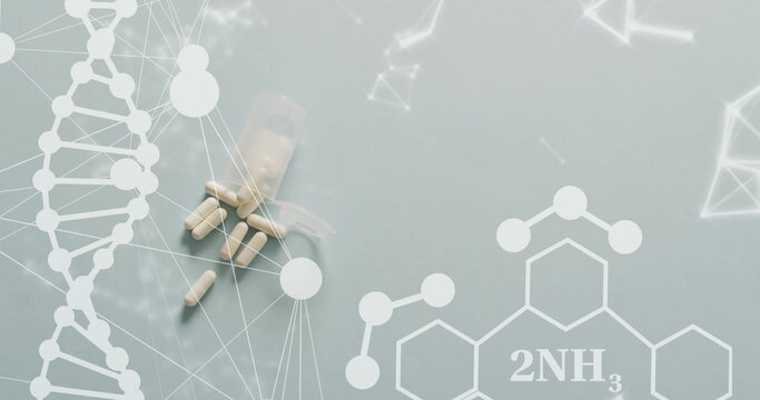 Image of dna, networks and elements over pills on grey background - Powered by Adobe