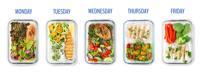 Different healthy meals in containers organized by days of week on white background, top view. Daily ration
