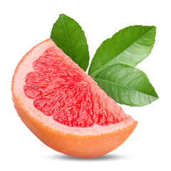 Juicy grapefruit slice and citrus plant branch isolated on white
