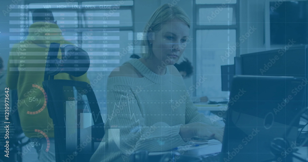 Poster image of data processing and diagrams over caucasian woman using computer in office