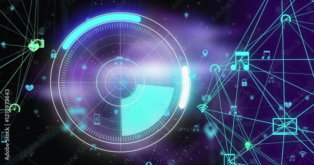 Poster image of scope scanning and network of connections with icons on black background
