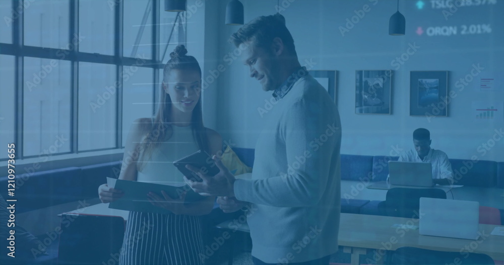 Poster image of data processing and diagrams over caucasian colleagues talking and using tablet