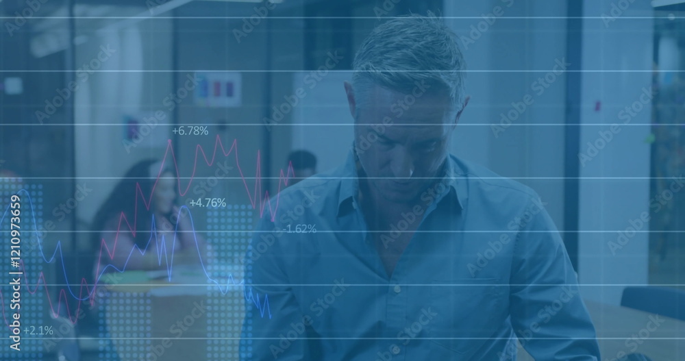 Poster image of data processing and diagrams over caucasian businessman in office