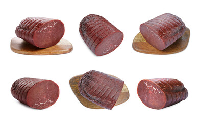 Tasty fresh bresaola isolated on white, set