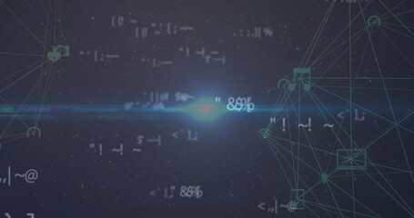 Image of data processing and network of connections with icons over light on black background