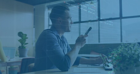 Image of data processing and diagrams over caucasian man talking on smartphone