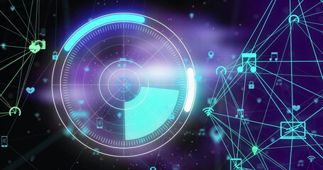 Image of scope scanning and network of connections with icons on black background