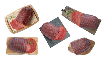 Tasty fresh bresaola isolated on white, set. Top view