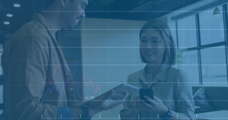 Image of data processing and diagrams over diverse colleagues talking and using tablet