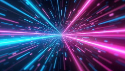 Fototapeta premium Fast moving bright blue, pink neon light beams create dynamic futuristic tech backdrop. Lines of light speed through dark space. Abstract, colorful illustration. High tech digital design with vibrant