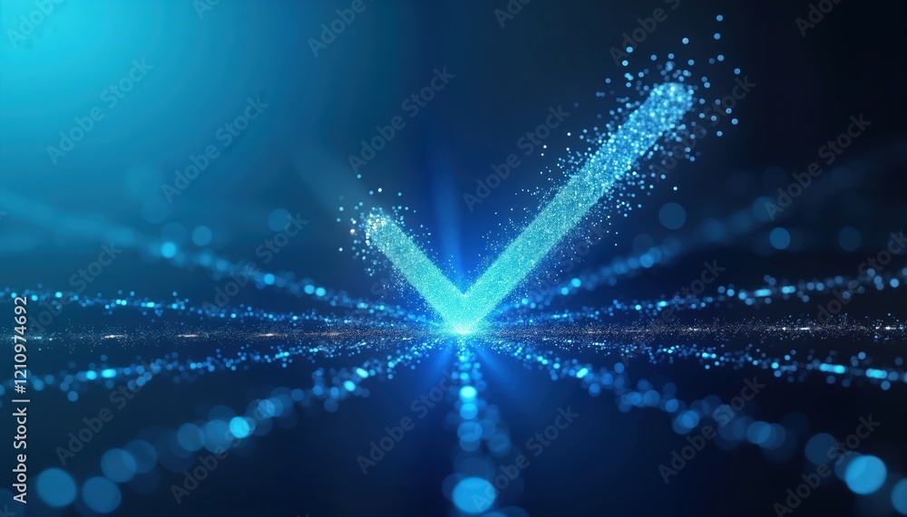 Poster abstract digital checkmark graphic on blue background. futuristic tech concept for business presenta