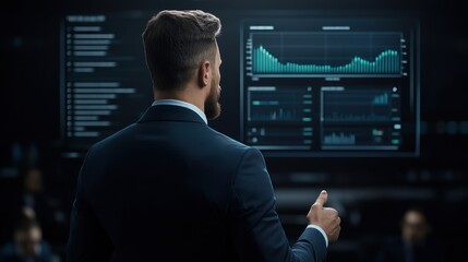 Businessman Presenting Data Insights on Digital Screen in Modern Conference Room with Colleagues in Background