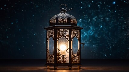A traditional Ramadhan lantern made of transparent material and inside it there is a digital light that emits futuristic geometric patterns.