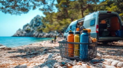 Ecommerce shopping basket filled with drinks at a scenic beachside camp nature environment vibrant viewpoint