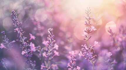 Naklejka premium Beautiful Lavender Flowers in an Enchanting Field During Golden Hour with Soft Lighting and Delicate Bokeh Effect Creating a Dreamy Atmosphere