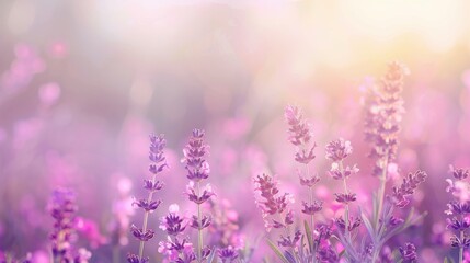 Obraz premium Beautiful Purple Lavender Fields in Soft Focus with Gentle Light Casting a Dreamlike Atmosphere, Perfect for Nature and Floral Themes