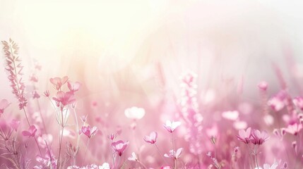 Obraz premium Ethereal Blooming Flowers in Soft Focus Creating a Dreamy Atmosphere with Delicate Shades of Pink and White Under a Gentle Glare of Sunlight in a Pastoral Setting