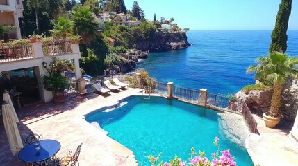 Fototapeta premium Coastal villa poolside view; ocean backdrop, luxury vacation rental