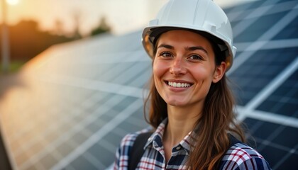 Happy engineer woman in front of solar panels. Sunny day outdoors. European female smiling. Wears safety helmet. Modern, happy worker in renewable energy sector. Confident, focused on job, positive.