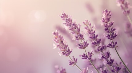 Obraz premium Beautiful Fresh Lavender Flowers Blooms Captivating Natural Background with Soft Pink Hues and Gentle Bokeh Effects for Relaxing Aromatic Atmosphere and Serenity