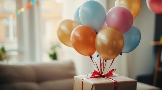 Colorful balloons tied to a gift box. Perfect for birthday, celebration, or party themes.