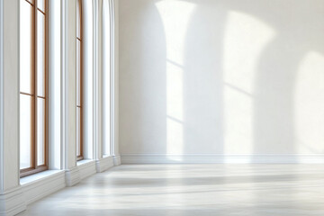 Fototapeta premium Bright and airy interior featuring large windows with wooden frames, white plastered walls, and soft shadows creating serene atmosphere. Ideal for modern design concepts