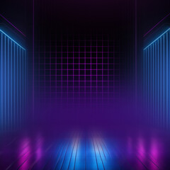 Empty background scene. Dark grid reflection on background flyer. Rays of neon light in the dark, neon grid, smoke post size 