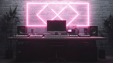 Stylish music studio setup with pink neon light, synths, and studio monitors. Perfect for album art, music production blogs, and articles about electronic music.