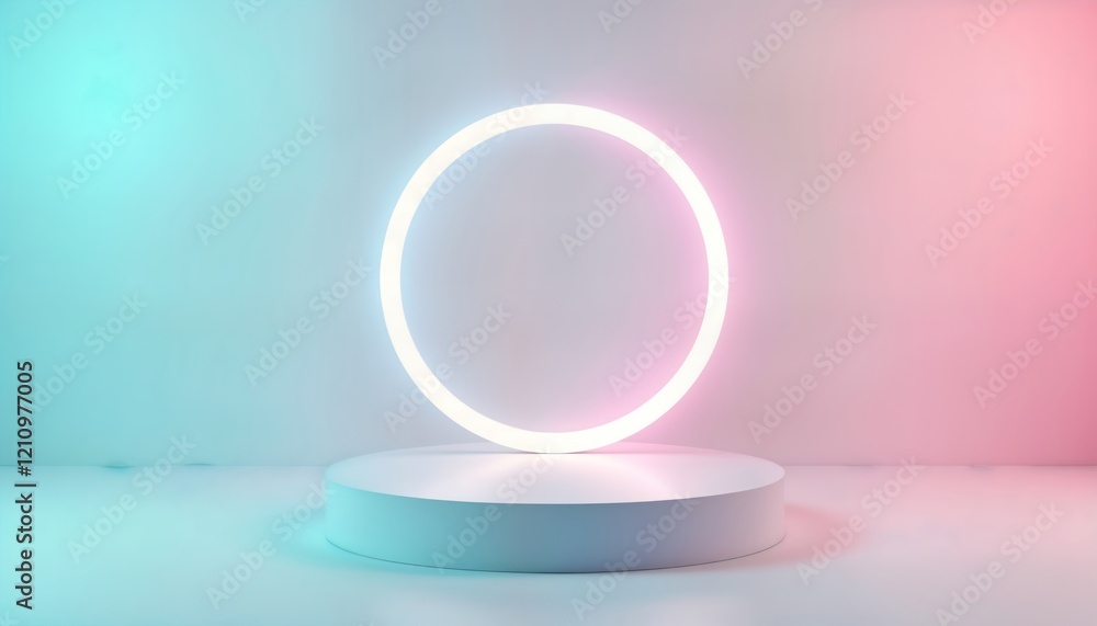 Aufkleber empty white pedestal with neon light circle. modern abstract 3d rendering. minimalist design. pastel