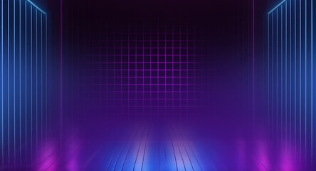 Empty background scene. Dark grid reflection on background flyer. Rays of neon light in the dark, neon grid, smoke landscape