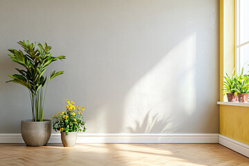 bright interior with smooth stucco walls, featuring potted plants and sunlight casting shadows. space feels fresh and inviting, perfect for relaxation