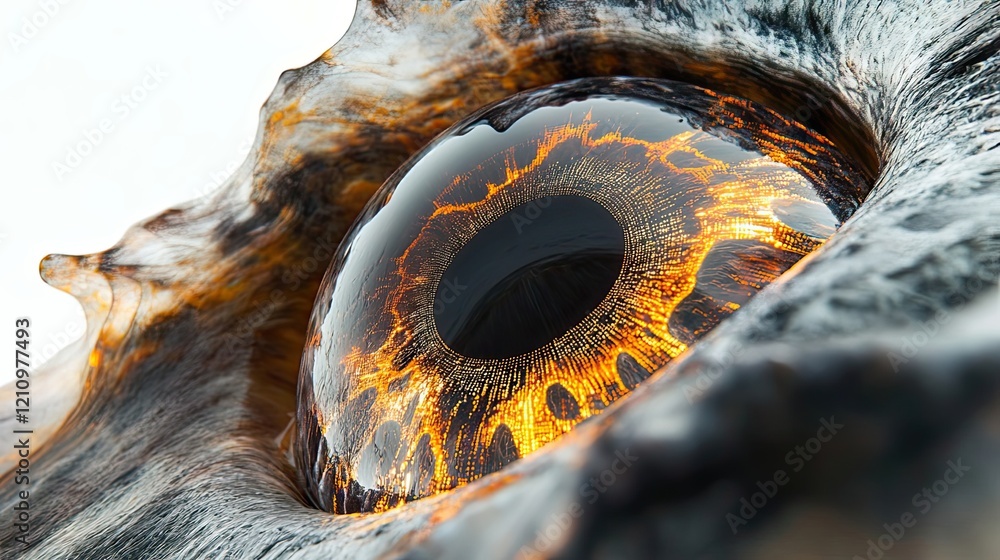 Poster glowing digital eye within abstract shell form