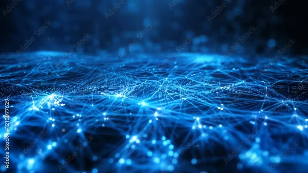 Poster dynamic blue network grid illuminating in cyber space with pulsating light connections